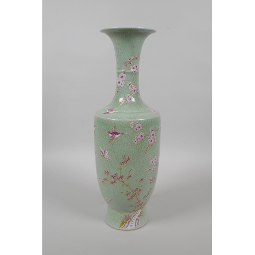 65 - A Chinese celadon crackle glazed porcelain vase with puce and gilt enamel decoration of birds and bu... 