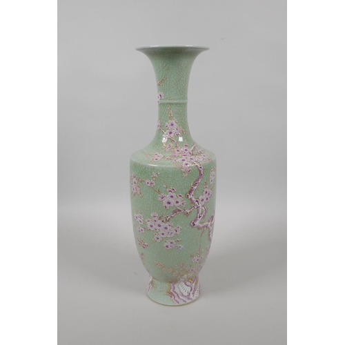 65 - A Chinese celadon crackle glazed porcelain vase with puce and gilt enamel decoration of birds and bu... 