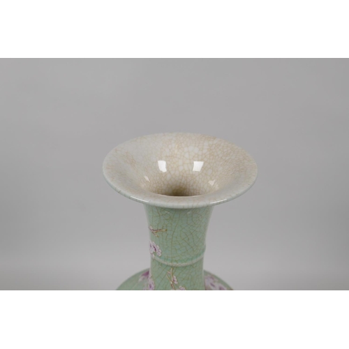 65 - A Chinese celadon crackle glazed porcelain vase with puce and gilt enamel decoration of birds and bu... 