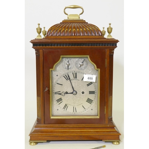 655 - An early C20th J.W. Benson eight day mahogany and brass mounted bracket clock with pierced fret side... 