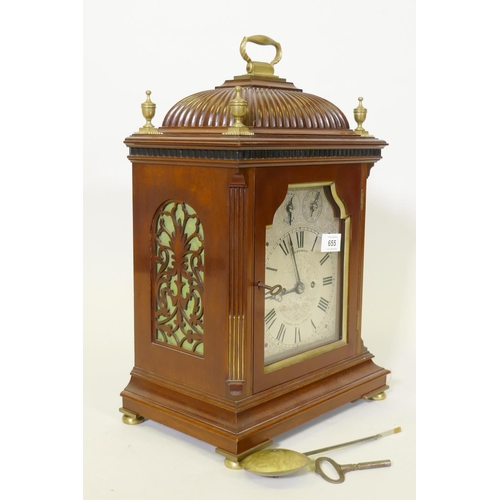 655 - An early C20th J.W. Benson eight day mahogany and brass mounted bracket clock with pierced fret side... 