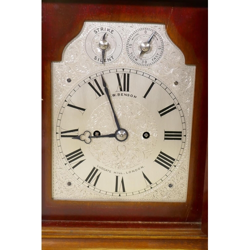 655 - An early C20th J.W. Benson eight day mahogany and brass mounted bracket clock with pierced fret side... 