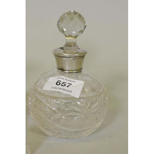 657 - An Edwardian silver mounted cut glass scent bottle, 15cm high, London 1908, J.H. Worrall Son & C... 