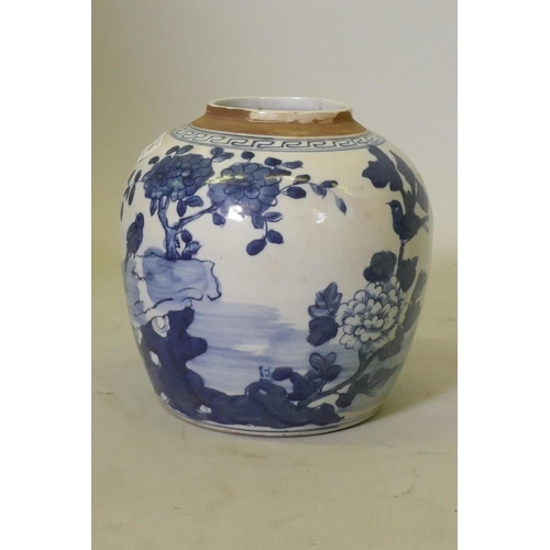 69 - Chinese blue and white ceramic jar, decorated with birds, butterflies and floral designs, 22cm high