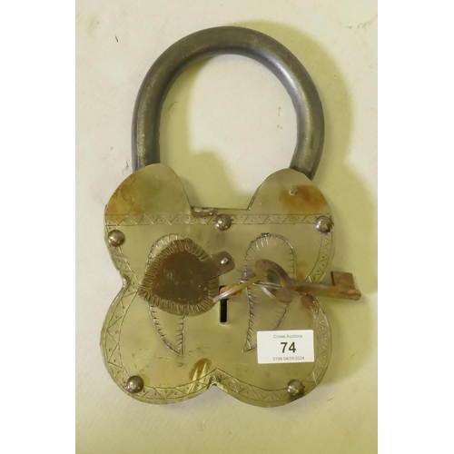 74 - A large decorative metal padlock with keys, 27cm 