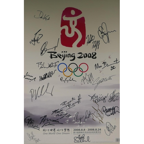 76 - A Beijing 2008 Olympics poster bearing signatures of various Olympians including Michael Phelps, Rya... 