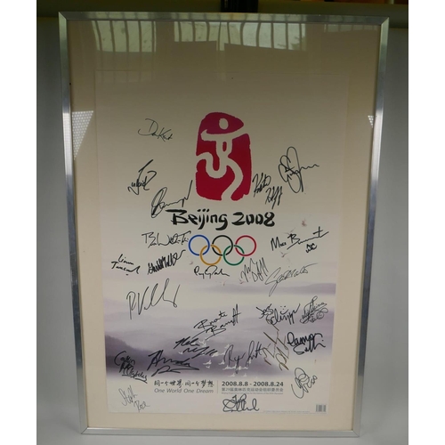 76 - A Beijing 2008 Olympics poster bearing signatures of various Olympians including Michael Phelps, Rya... 