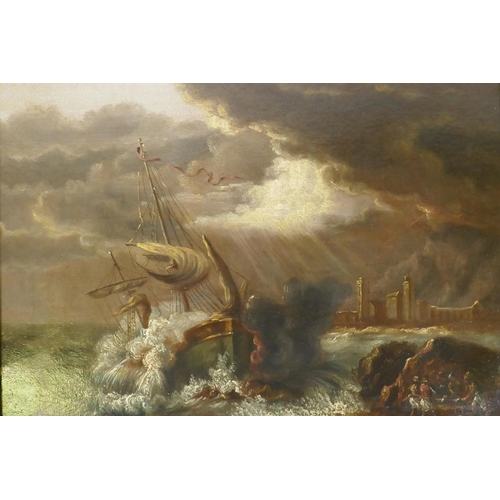 801 - Continental School, probably Scandinavian, marine scene with shipwreck in a storm, unsigned, oil on ... 