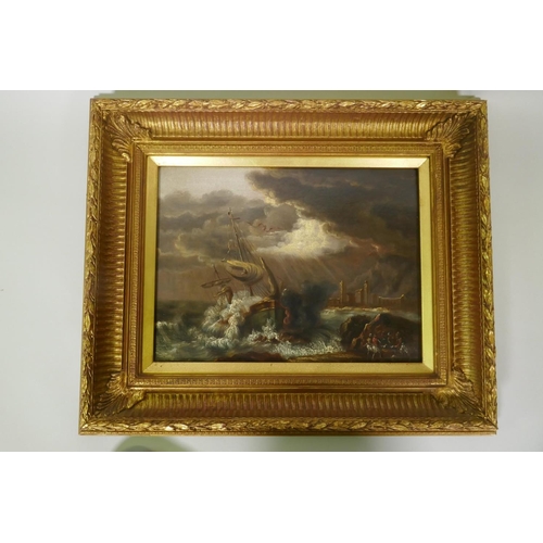 801 - Continental School, probably Scandinavian, marine scene with shipwreck in a storm, unsigned, oil on ... 