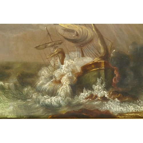 801 - Continental School, probably Scandinavian, marine scene with shipwreck in a storm, unsigned, oil on ... 