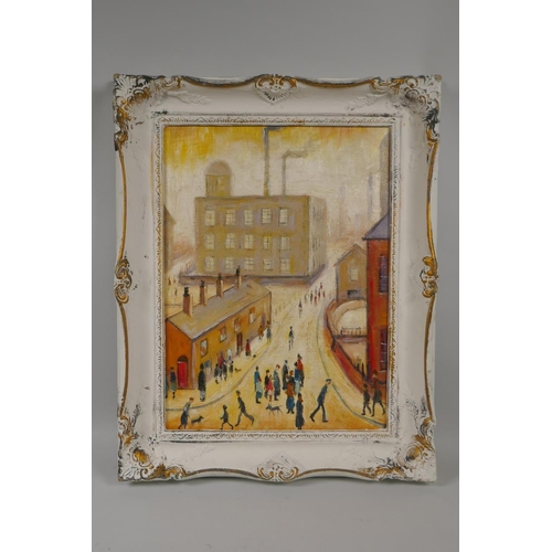 802 - After Lowry, (British, 1887-1976), street scene, oil on board, 30 x 40cm