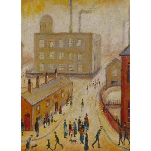 802 - After Lowry, (British, 1887-1976), street scene, oil on board, 30 x 40cm