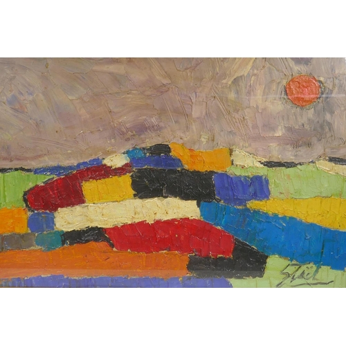 805 - An abstract landscape at sunset, signed indistinctly, impasto oil on board, 78 x 54cm