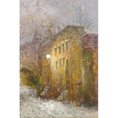 809 - W T Smith, Winter Scene, signed, labelled verso, mid C20th oil on canvas, in gilt frame, 40 x 51cm