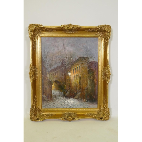 809 - W T Smith, Winter Scene, signed, labelled verso, mid C20th oil on canvas, in gilt frame, 40 x 51cm