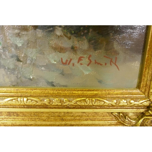 809 - W T Smith, Winter Scene, signed, labelled verso, mid C20th oil on canvas, in gilt frame, 40 x 51cm