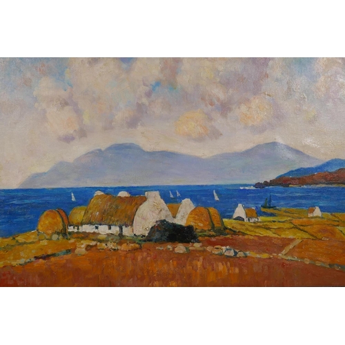 810 - Irish School, rural landscape with thatched crofters cottages by the sea, oil on canvas, 60 x 40cm