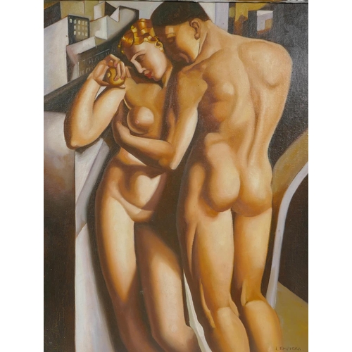 812 - After Lempicka, (Polish, 1898-1980), Adam and Eve, oil on board, 40 x 51cm