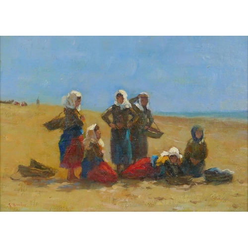 819 - In the manner of Eugene Boudin, (French, 1824-1898), women and children at the beach, oil on canvas,... 