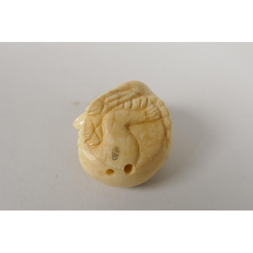 82 - A Japanese carved bone rat netsuke, signed to base, and a carved boxwood inro decorated with rabbits... 