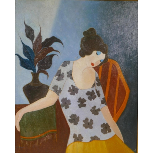 820 - Portrait of a woman seated next to an Aspidistra, Israeli School, oil on board, 51 x 62cm