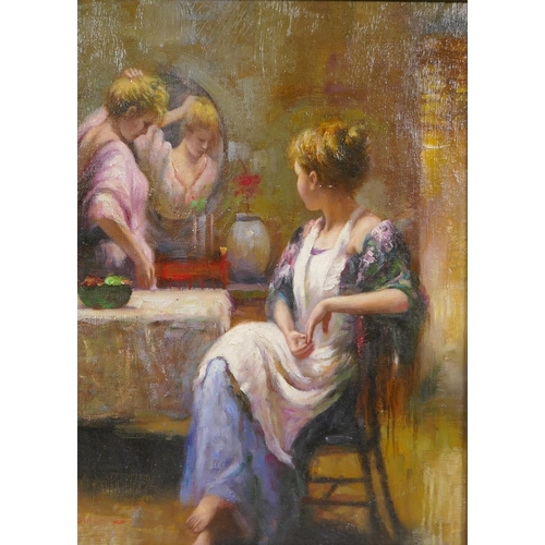 824 - Italian Impressionist style, portrait of two girls in an interior, oil on canvas board, 30 x 41cm