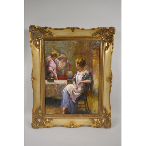 824 - Italian Impressionist style, portrait of two girls in an interior, oil on canvas board, 30 x 41cm