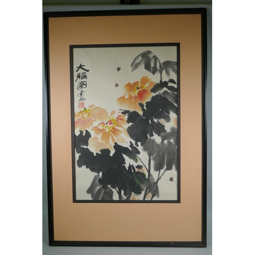 828 - A Chinese watercolour of peonies and bees, signed with a seal, 44 x 65cm