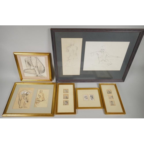 829 - A collection of still life nude studies and miniature character studies in pencil and wash, largest ... 