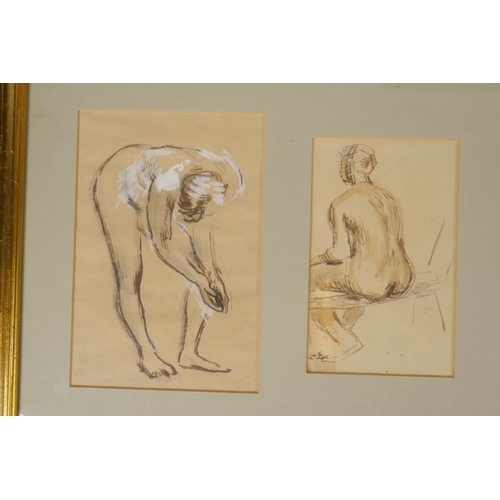 829 - A collection of still life nude studies and miniature character studies in pencil and wash, largest ... 