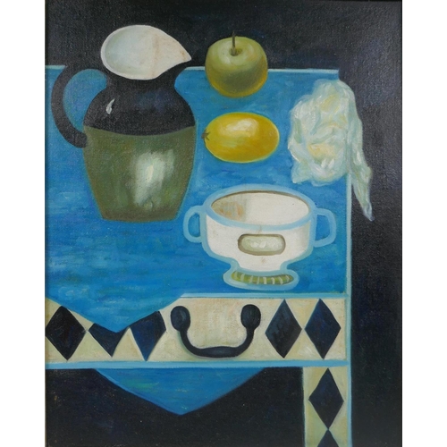 833 - Scottish School, still life, jug, bowl and fruit, oil on canvas board, 40 x 50cm