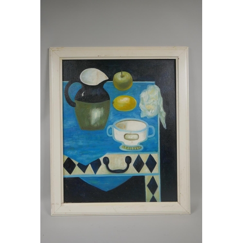 833 - Scottish School, still life, jug, bowl and fruit, oil on canvas board, 40 x 50cm