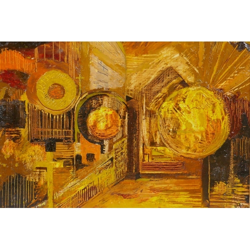 836 - An abstract landscape in yellow, monogramed JA, oil on board, 36 x 25cm