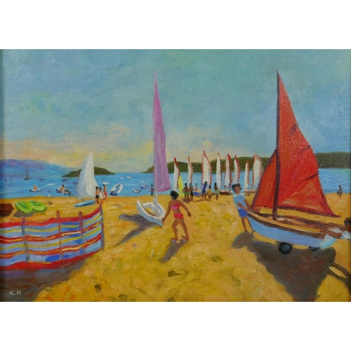 837 - St Ives School, beach scene with sail boats, oil on board