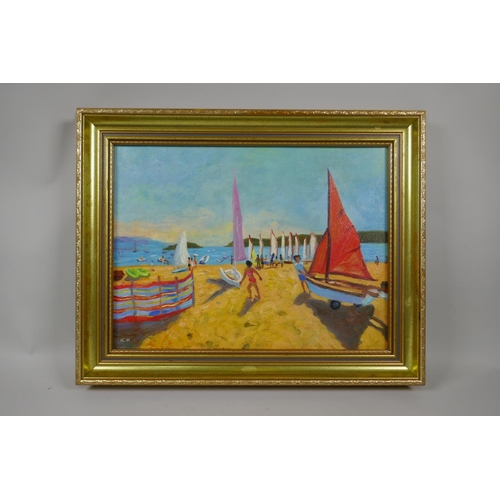 837 - St Ives School, beach scene with sail boats, oil on board