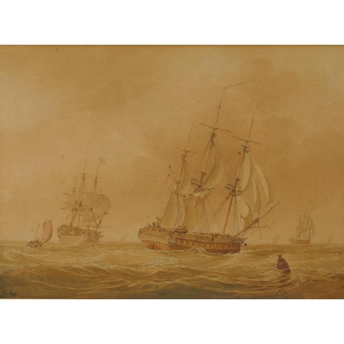 838 - John Cantiloe Joy, English Man-O-War and other shipping at sea, signed, watercolour in a maplewood f... 