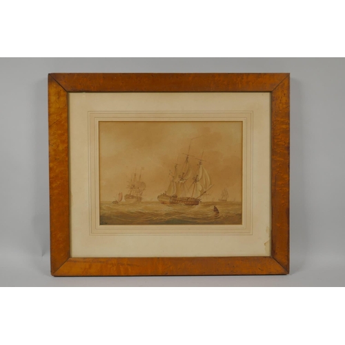 838 - John Cantiloe Joy, English Man-O-War and other shipping at sea, signed, watercolour in a maplewood f... 