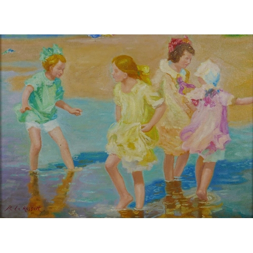 839 - Girls playing on the beach, French Impressionist style oil on canvas board, 37 x 27cm