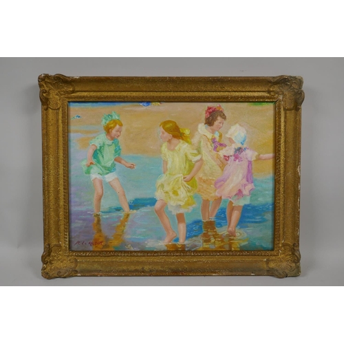 839 - Girls playing on the beach, French Impressionist style oil on canvas board, 37 x 27cm