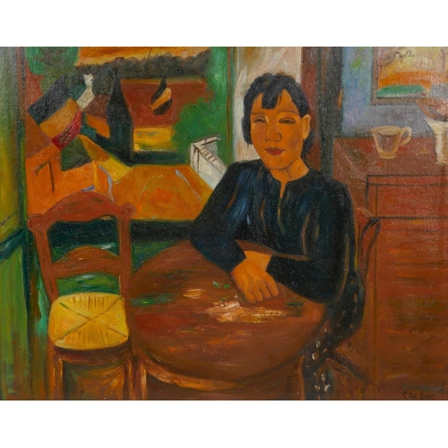 843 - Flemish Expressionist style portrait of a lady at a table, oil on canvas, 61 x 51cm