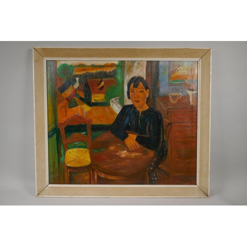 843 - Flemish Expressionist style portrait of a lady at a table, oil on canvas, 61 x 51cm