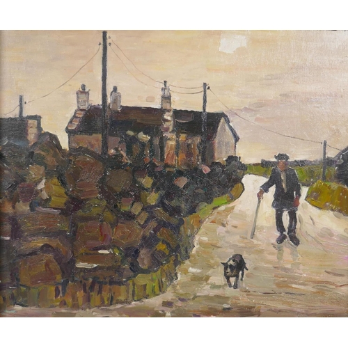 844 - In the manner of Kyffin Williams, village scene with a man walking his dog, oil on canvas laid on bo... 