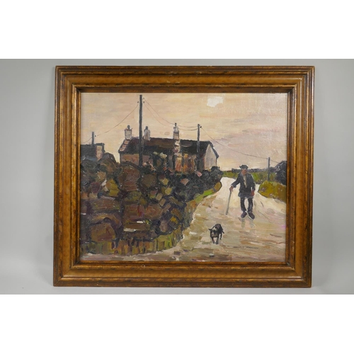 844 - In the manner of Kyffin Williams, village scene with a man walking his dog, oil on canvas laid on bo... 