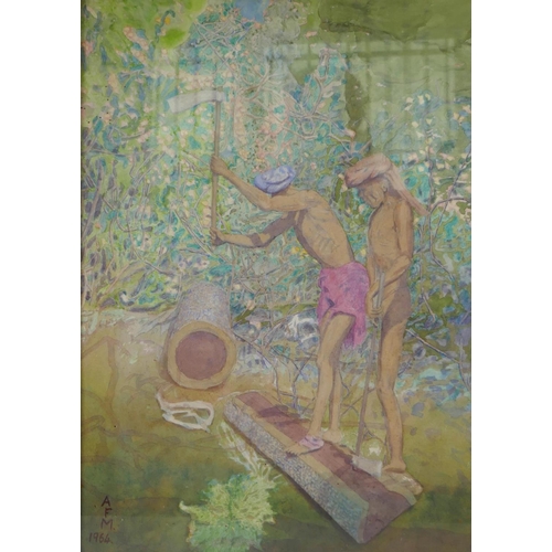 845 - A Balinese School, figures logging, monogramed AFM and dated 1964, watercolour, 40 x 54cm