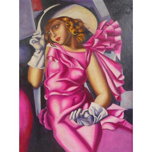 847 - After Lempicka, (Polish, 1898-1980), girl in a pink dress, oil on canvas laid on board, 40 x 51cm