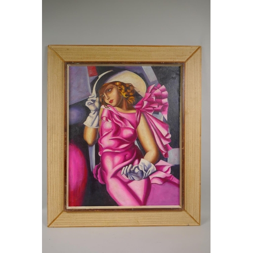 847 - After Lempicka, (Polish, 1898-1980), girl in a pink dress, oil on canvas laid on board, 40 x 51cm