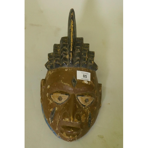 85 - African painted and carved wood tribal mask, Gelede tribe, Yoruba, Benin, 34cm high