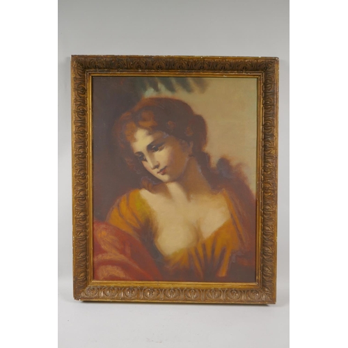 852 - Head and shoulder portrait of a classical maiden, oil on canvas, 52 x 42cm