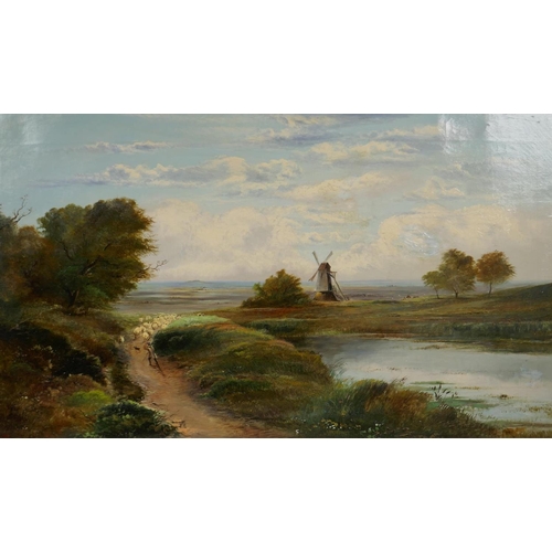 857 - Norfolk landscape with shepherd and flock, signed Charles Leslie?, AF, oil on canvas, 80 x 45cm