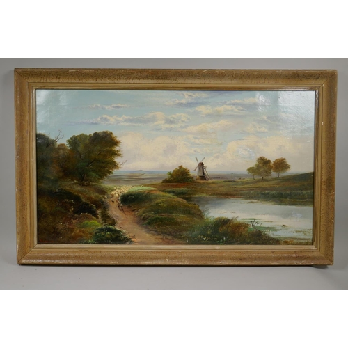 857 - Norfolk landscape with shepherd and flock, signed Charles Leslie?, AF, oil on canvas, 80 x 45cm